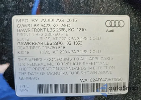 2016 Audi Q5 Premium from USA, damaged, VIN WA1C2AFP4GA018601